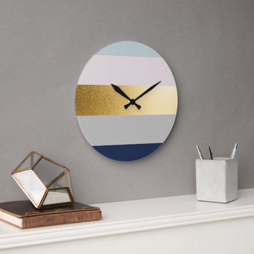 Elegant Pastel Faux Gold Block Stripe Pattern Large Clock