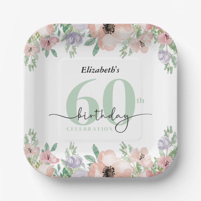 Elegant Pastel Floral 60th Birthday Party Paper Plates (Front)