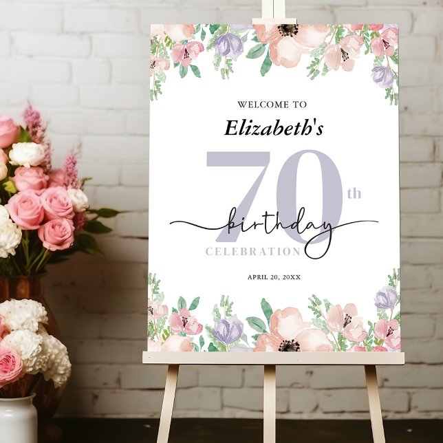 Elegant Pastel Floral 70th Birthday Party Welcome Foam Board (Creator Uploaded)
