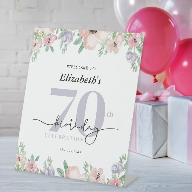 Elegant Pastel Floral 70th Birthday Party Welcome Pedestal Sign (Creator Uploaded)