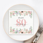 Elegant Pastel Floral 80th Birthday Party Napkins<br><div class="desc">This 80th birthday party napkin showcases a stylish watercolor floral border adorning the top and bottom. The soft pastel hues of peach and purple offer a delicate and feminine charm,  perfect for a woman's birthday celebration.</div>
