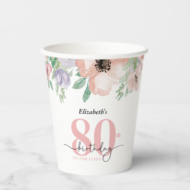 Elegant Pastel Floral 80th Birthday Party Paper Cups (Front)