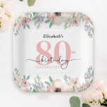 Elegant Pastel Floral 80th Birthday Party Paper Plates<br><div class="desc">This 80th birthday party paper plate showcases a stylish watercolor floral border adorning the top and bottom. The soft pastel hues of peach and purple offer a delicate and feminine charm,  perfect for a woman's birthday celebration.</div>
