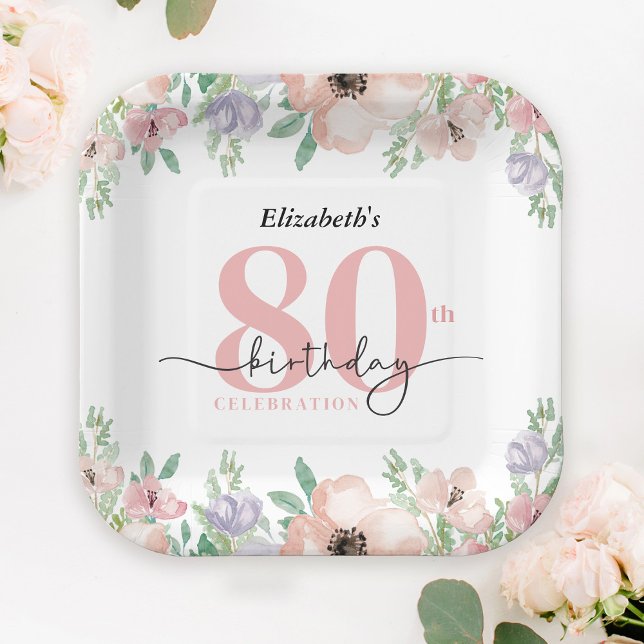 Elegant Pastel Floral 80th Birthday Party Paper Plates (Creator Uploaded)
