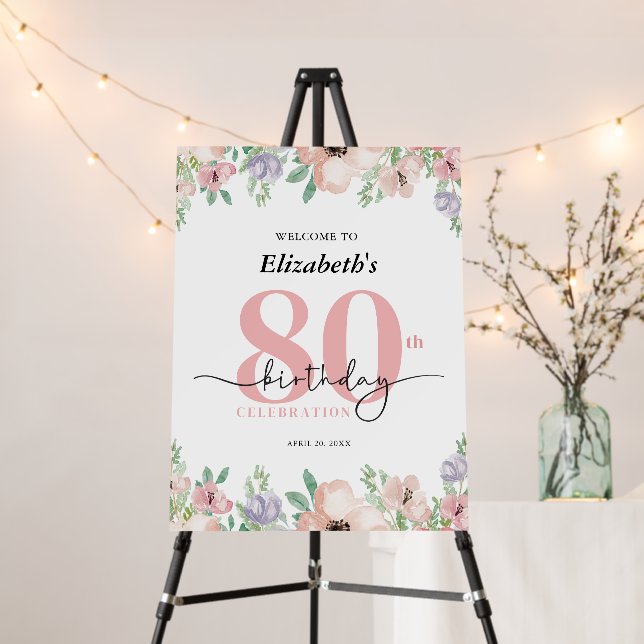 Elegant Pastel Floral 80th Birthday Party Welcome Foam Board (In Situ (Stand))