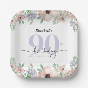 Elegant Pastel Floral 90th Birthday Party Paper Plates