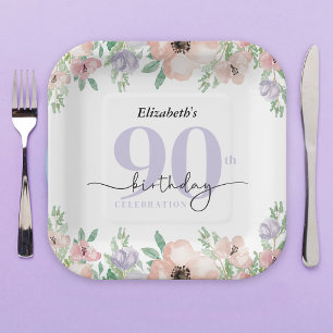Elegant Pastel Floral 90th Birthday Party Paper Plates