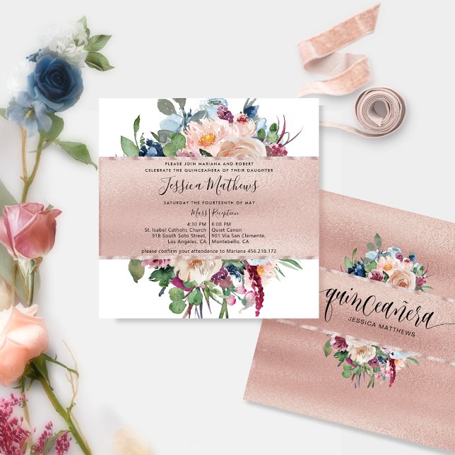 Elegant Pastel Floral and Rose Gold Quinceañera Invitation (Creator Uploaded)