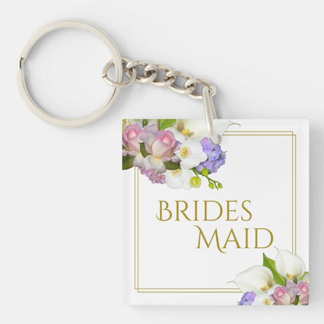 Elegant Pastel Floral Bridesmaid Wedding Favor  Keychain (Front)