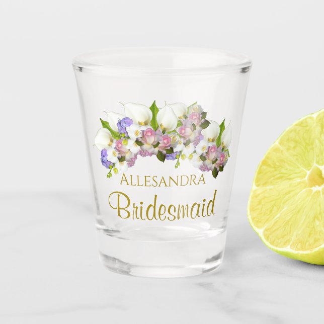 Elegant Pastel Floral Bridesmaid Wedding Favor Shot Glass (Front)