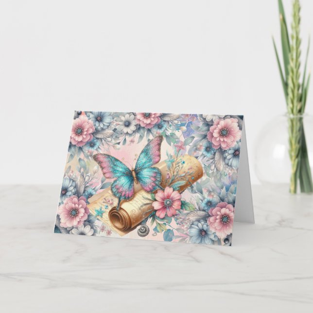 Elegant Pastel Floral Butterfly Note Card (Front)