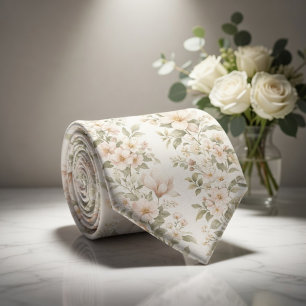 Elegant Pastel Floral Pattern on Soft White Neck Tie