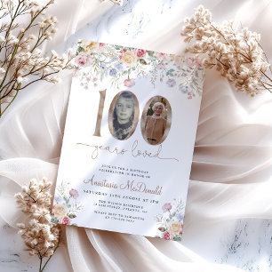 Elegant Pastel Floral Photo 100th Birthday Invitation