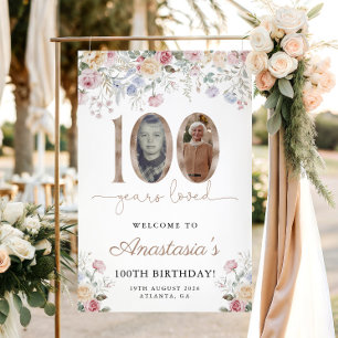 Elegant Pastel Floral Photo 100th Birthday Welcome Foam Board