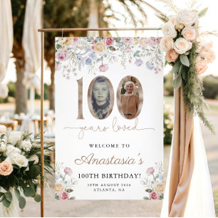 Elegant Pastel Floral Photo 100th Birthday Welcome Poster