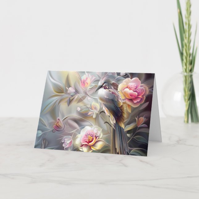 Elegant Pastel Floral Safari Bird Note Card (Front)