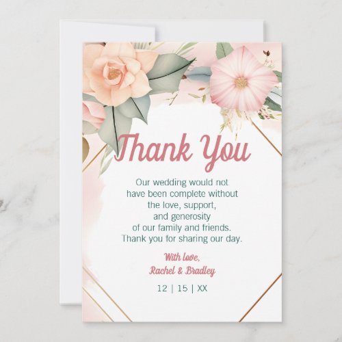 Elegant Pastel Floral Sketch Wedding Gold Frame Thank You Card