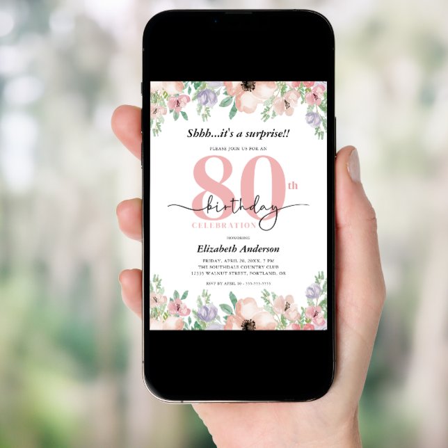 Elegant Pastel Floral Surprise 80th Birthday Party Invitation (Front Digital)