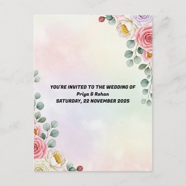 Elegant Pastel Floral Wedding Invitation Postcard (Front)