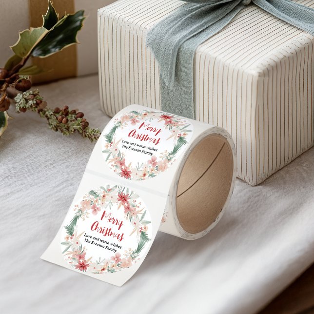 Elegant Pastel Floral Wreath Merry Christmas Classic Round Sticker (Elegant Pastel Floral Wreath Merry Christmas Classic Round Sticker)
