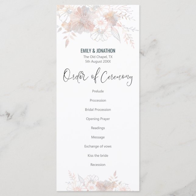 Elegant Pastel Florals Blush Gray Script Wedding Program (Front)