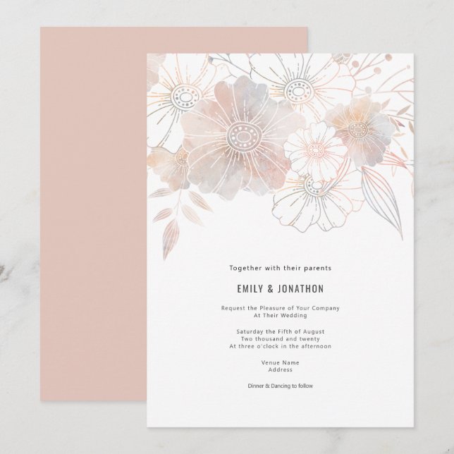 Elegant Pastel Florals Blush Peach Gray Wedding Invitation (Front/Back)