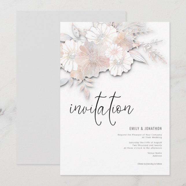 Elegant Pastel Florals Peach Blush Gray Wedding Invitation (Front/Back)