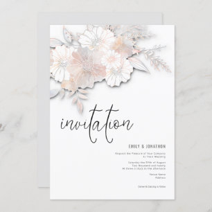 Elegant Pastel Florals Peach Blush Gray Wedding Invitation