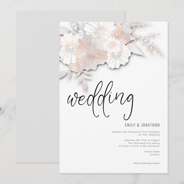 Elegant Pastel Florals Peach Blush Gray Wedding Invitation (Front/Back)