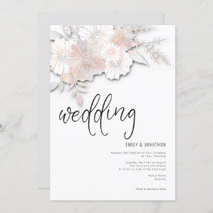 Elegant Pastel Florals Peach Blush Gray Wedding Invitation