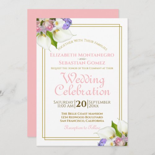 Elegant Pastel Flowers Gold and Pink Wedding Invitation