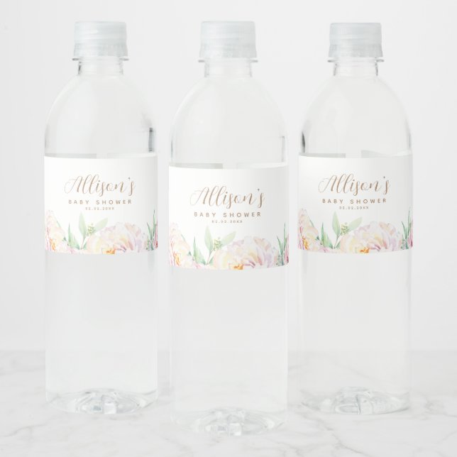 Elegant Pastel Flowers | Personalized Baby Shower Water Bottle Label (Bottles)