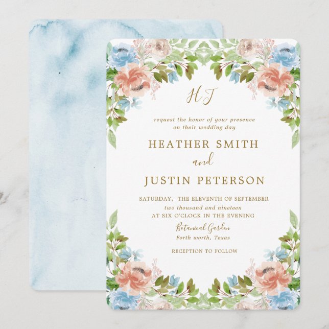 Elegant Pastel Garden Blue Watercolor Wedding Invitation (Front/Back)
