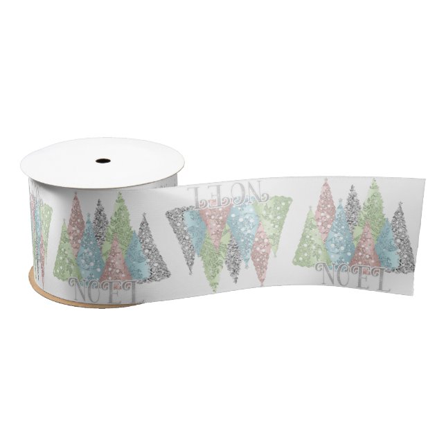 Elegant Pastel Glitter Trees Christmas Satin Ribbon (Spool)