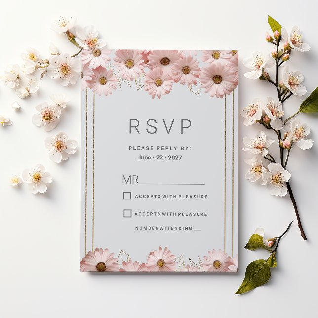 Elegant pastel gray pink gold daisy floral RSVP Invitation (Elegant pastel gray pink gold daisy floral RSVP)