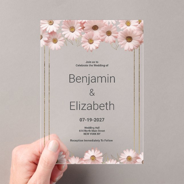 Elegant pastel gray pink gold daisy floral Wedding Acrylic Invitations (Insitu (Handheld))