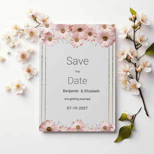 Elegant pastel gray pink gold daisy Save the Date Invitation