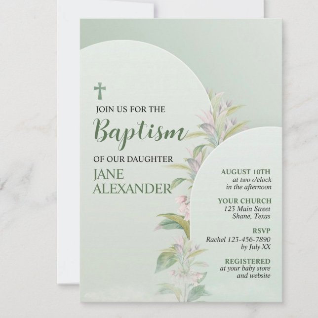 Elegant Pastel Green Floral Baptism Invitation (Creator Uploaded)
