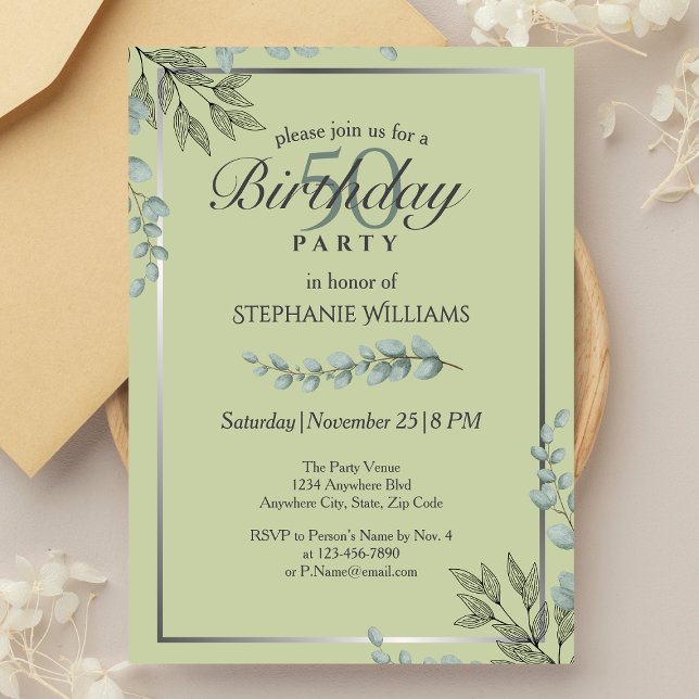 Elegant Pastel Green Flower Women's 50th Birthday  Invitation (Creator Uploaded)