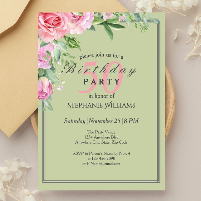 Elegant Pastel Green Flower Women's 50th Birthday Invitation (Creator Uploaded)