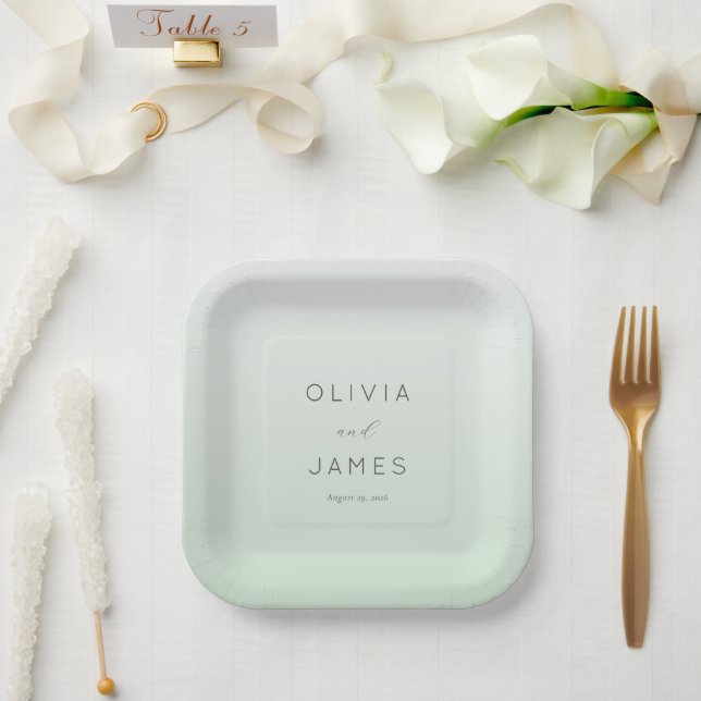 Elegant Pastel Green Minimalist Paper Plates (Wedding)
