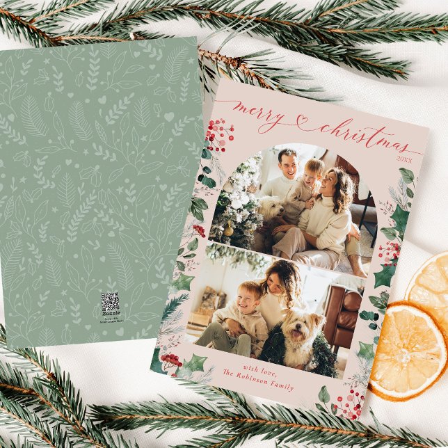 Elegant Pastel Green Pink 2 Photo Christmas Card  (Creator Uploaded)