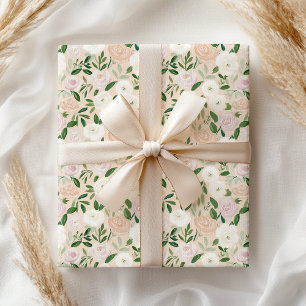 Elegant Pastel Green Pink Peach Rose Floral Wrapping Paper