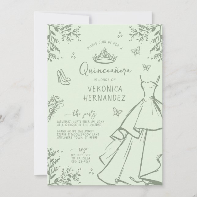 Elegant Pastel Green Sage Quinceanera Invitation (Front)