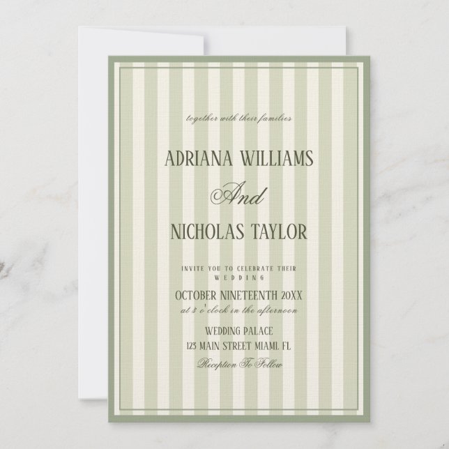 Elegant Pastel Green Striped Wedding Invitation (Front)