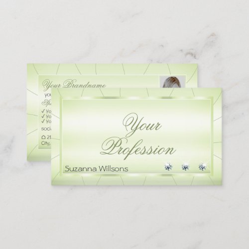 Elegant Pastel Green with Diamonds and Photo Chic Business Card