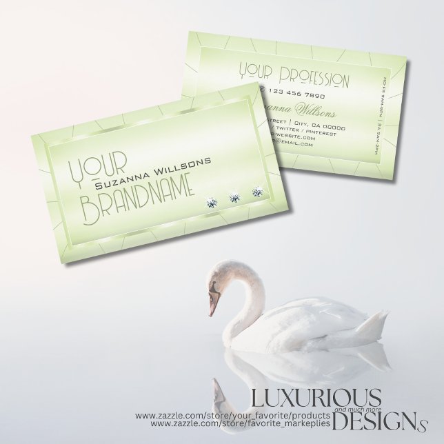 Elegant Pastel Green with Diamonds Glamorous Luxe Business Card (Creator Uploaded)