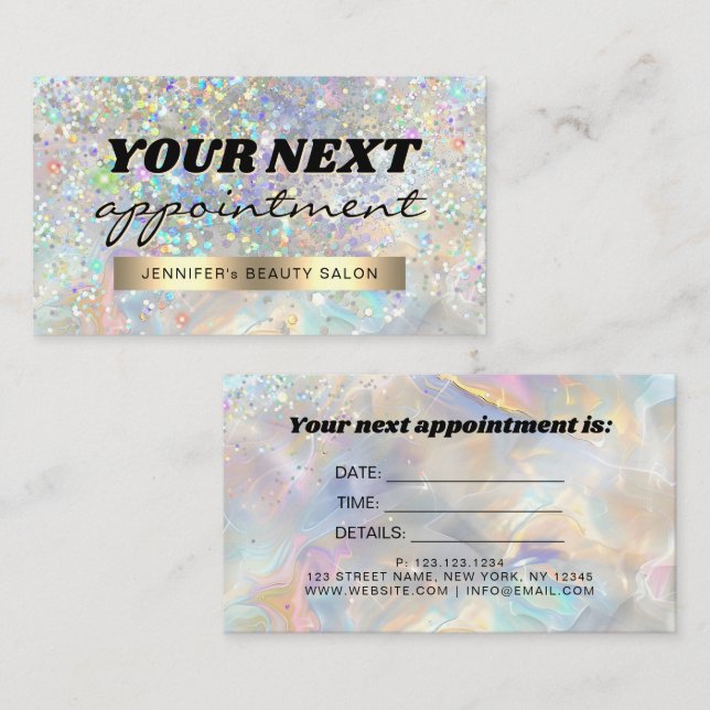 Elegant Pastel Holographic Glitter Marble Appointment Card (Front/Back)