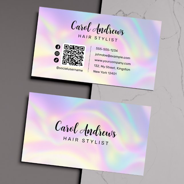 Elegant Pastel Holographic Hairstylist QR Code Business Card (Creator Uploaded)