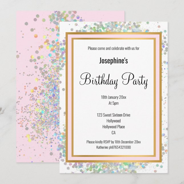 ELEGANT PASTEL HOLOGRAPHIC PINK GOLD BIRTHDAY INVITATION (Front/Back)